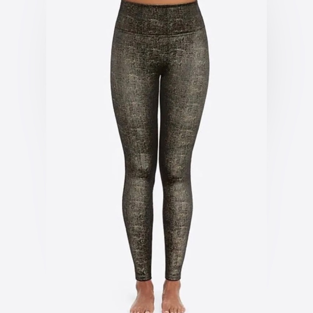 NWT Spanx Size Large Velvet Leggings Black Gold Metallic Shine Shimmer